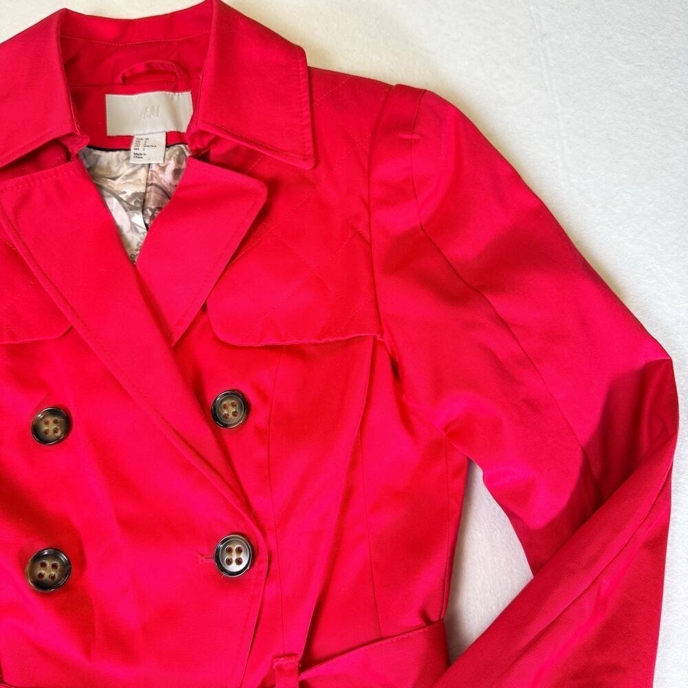 H&M Womens Red Short Trench Coat Jacket Size 2 Double Breasted Belted Waist Chic - Picture 10 of 14